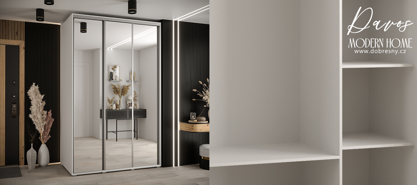 Šatní skříň s posuvnými zrcadlovými dveřmi DAVOS 170cm | Bílá / stříbrné pojezdy