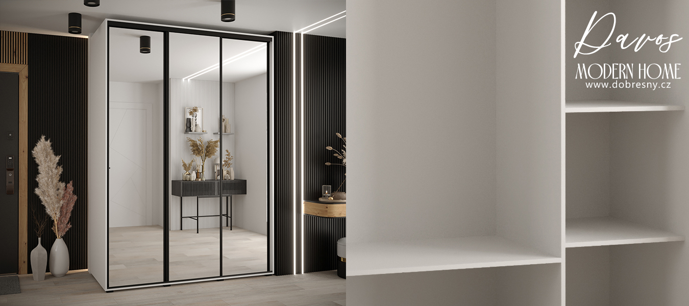 Šatní skříň s posuvnými zrcadlovými dveřmi DAVOS 180cm | Bílá / černé pojezdy