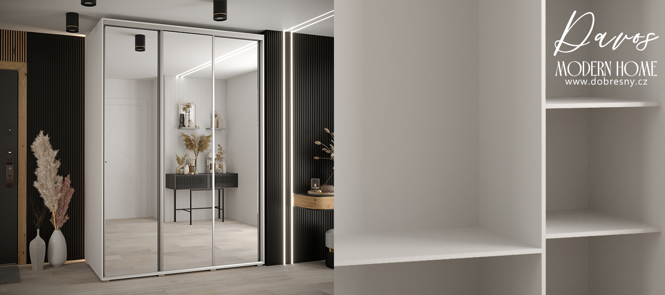 Šatní skříň s posuvnými zrcadlovými dveřmi DAVOS 180cm | Bílá / stříbrné pojezdy