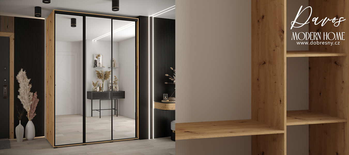 Šatní skříň s posuvnými zrcadlovými dveřmi DAVOS 180cm | DUB Artisan / černé pojezdy
