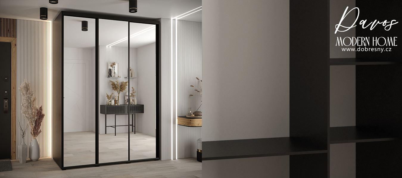 Šatní skříň s posuvnými zrcadlovými dveřmi DAVOS 180cm | Černá / černé pojezdy