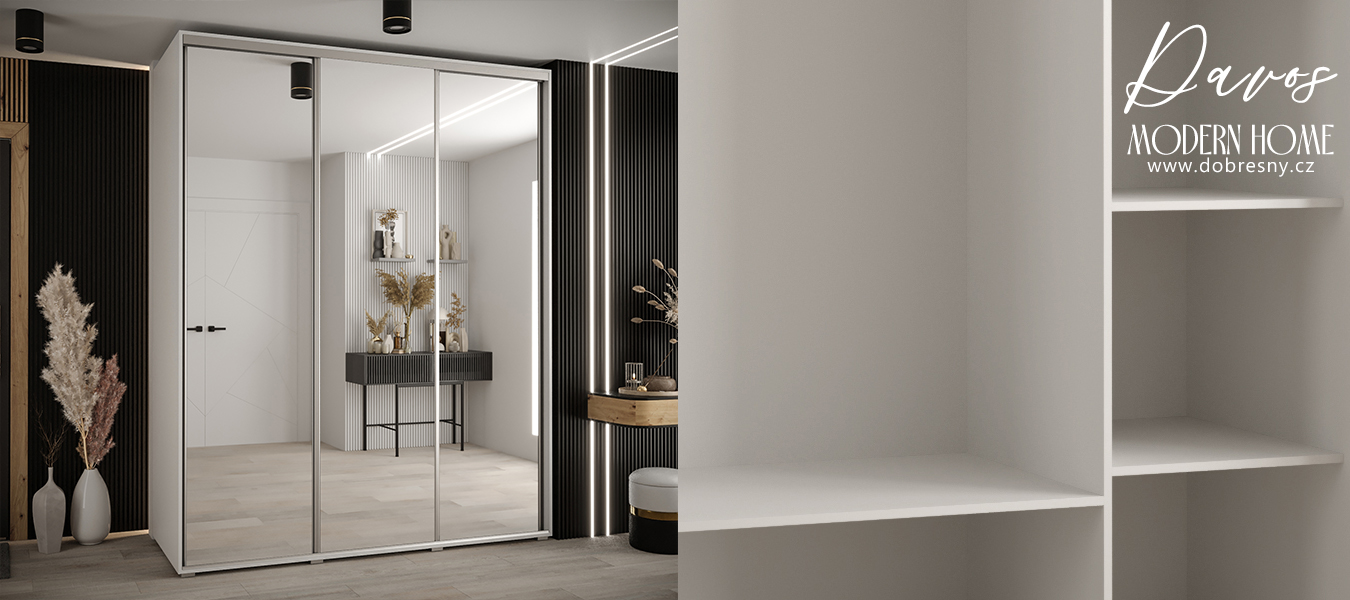 Šatní skříň s posuvnými zrcadlovými dveřmi DAVOS 190cm | Bílá / stříbrné pojezdy