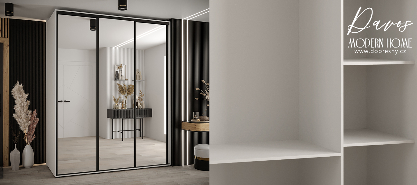 Šatní skříň s posuvnými zrcadlovými dveřmi DAVOS 190cm | Bílá / černé pojezdy