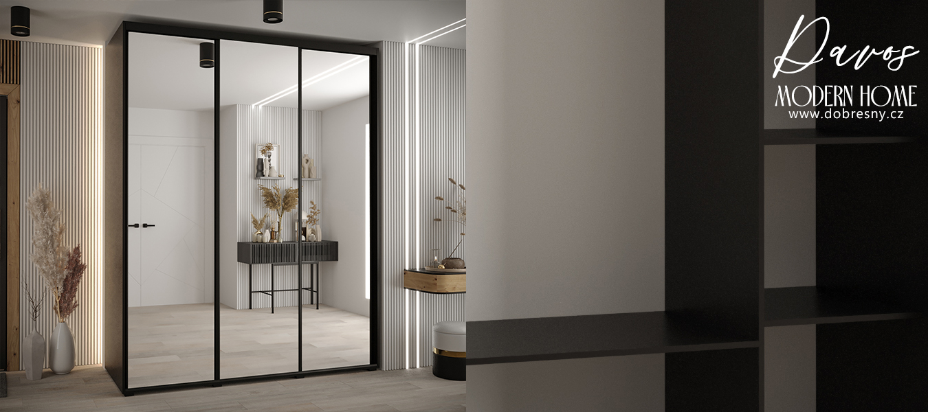 Šatní skříň s posuvnými zrcadlovými dveřmi DAVOS 190cm | Černá /černé pojezdy