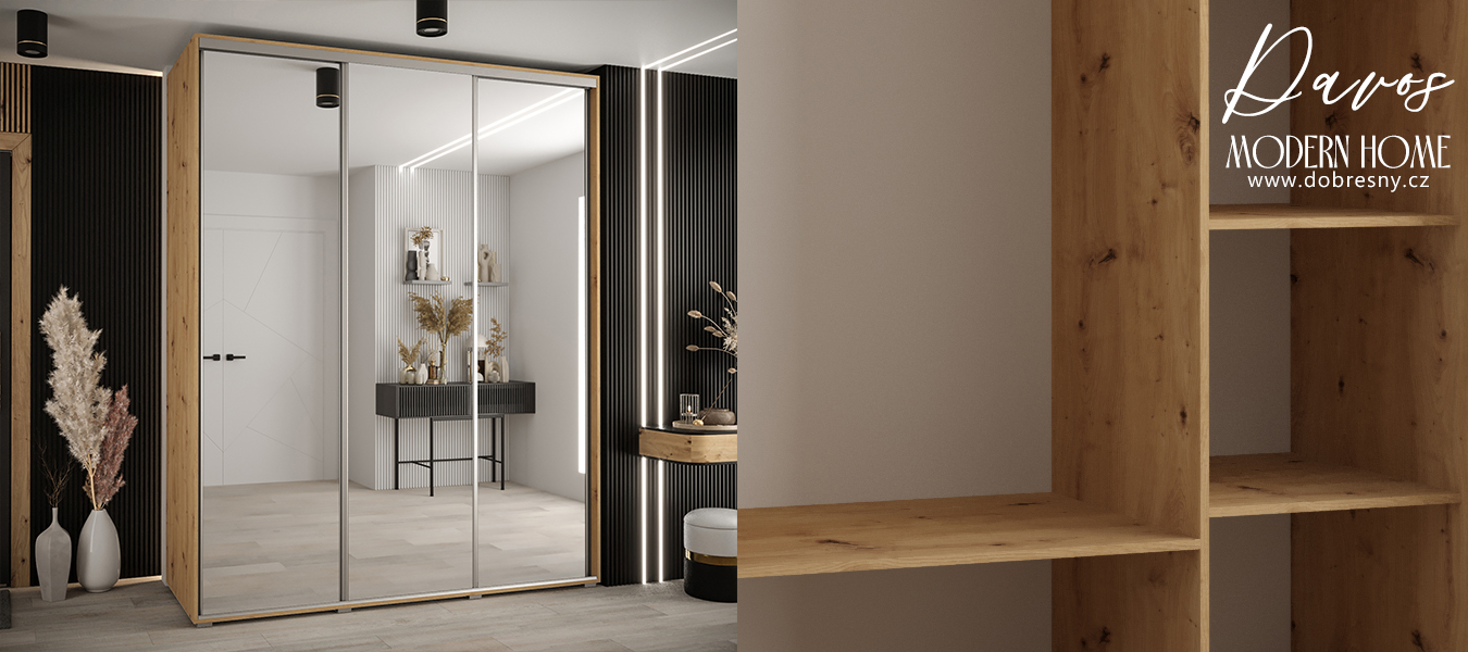 Šatní skříň s posuvnými zrcadlovými dveřmi DAVOS 200cm | DUB Artisan / stříbrné pojezdy