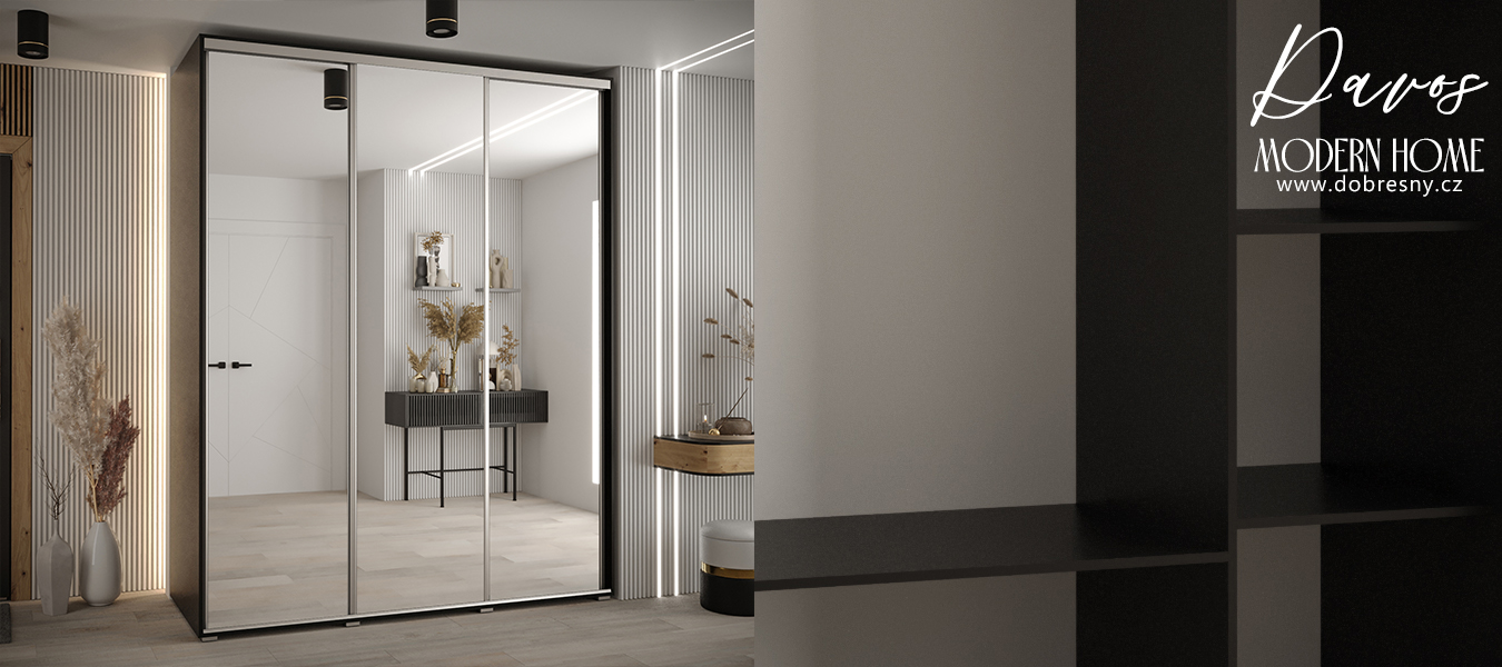 Šatní skříň s posuvnými zrcadlovými dveřmi DAVOS 200cm | Černá / stříbrné pojezdy