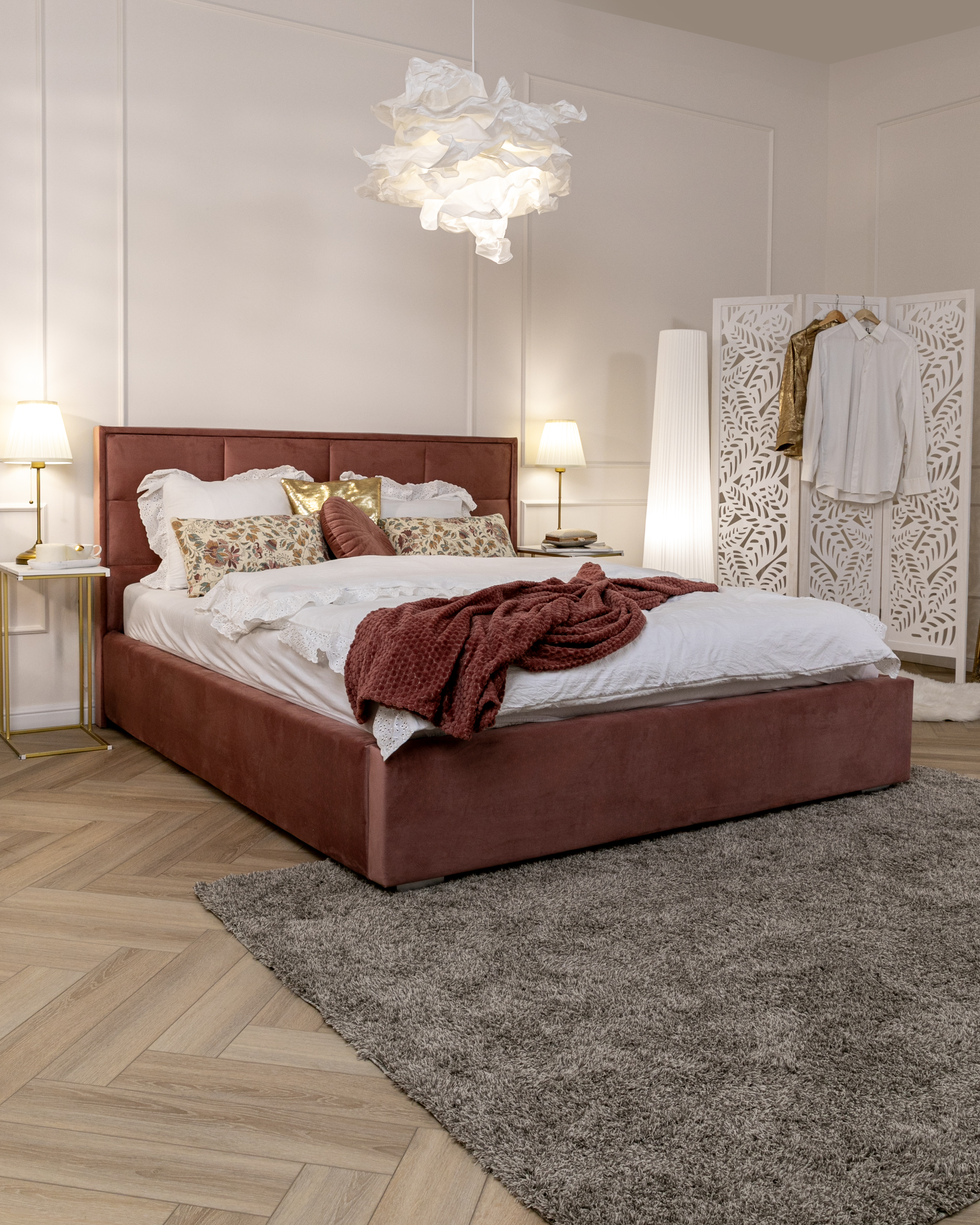 Čalouněná postel APOLLO 140x200 Lososová Paris s úložným prostorem kovový rošt