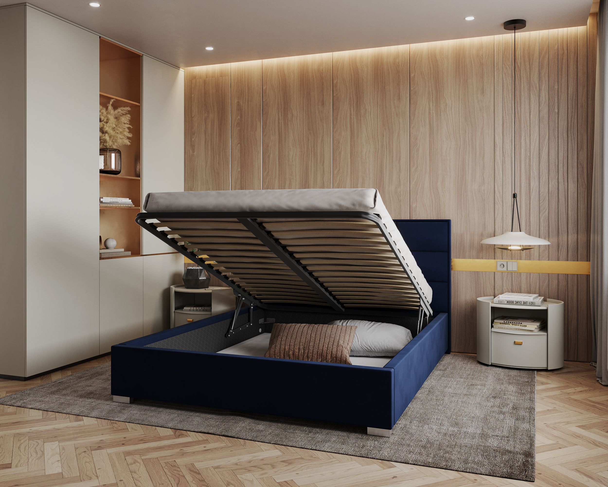 Čalouněná postel APOLLO 160x200 Tmavě Modrá Paris s úložným prostorem kovový rošt