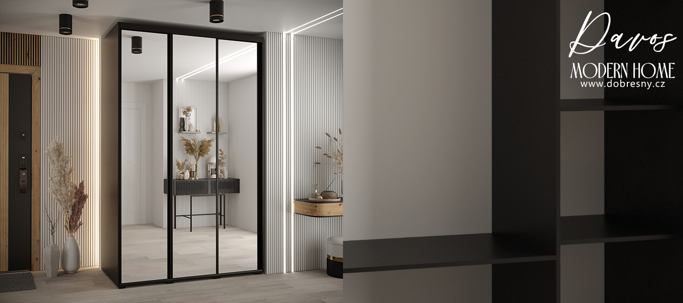 Šatní skříň s posuvnými zrcadlovými dveřmi DAVOS 170cm | Černá / černé pojezdy