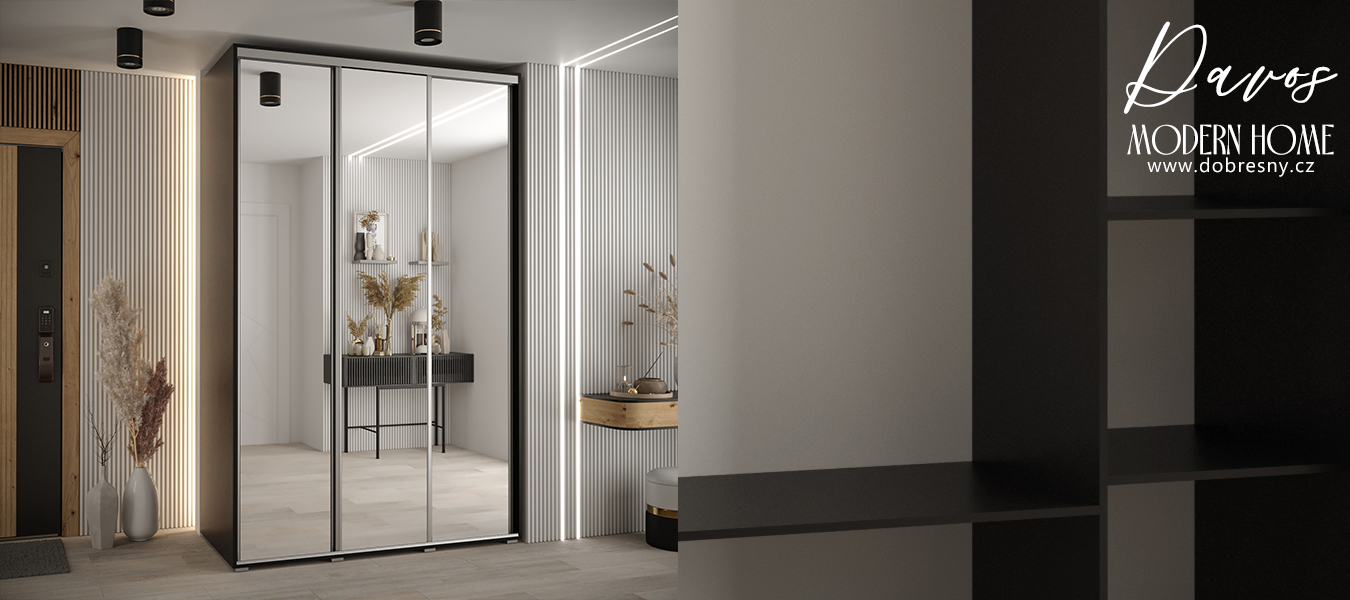 Šatní skříň s posuvnými zrcadlovými dveřmi DAVOS 170cm | Černá / stříbrné pojezdy