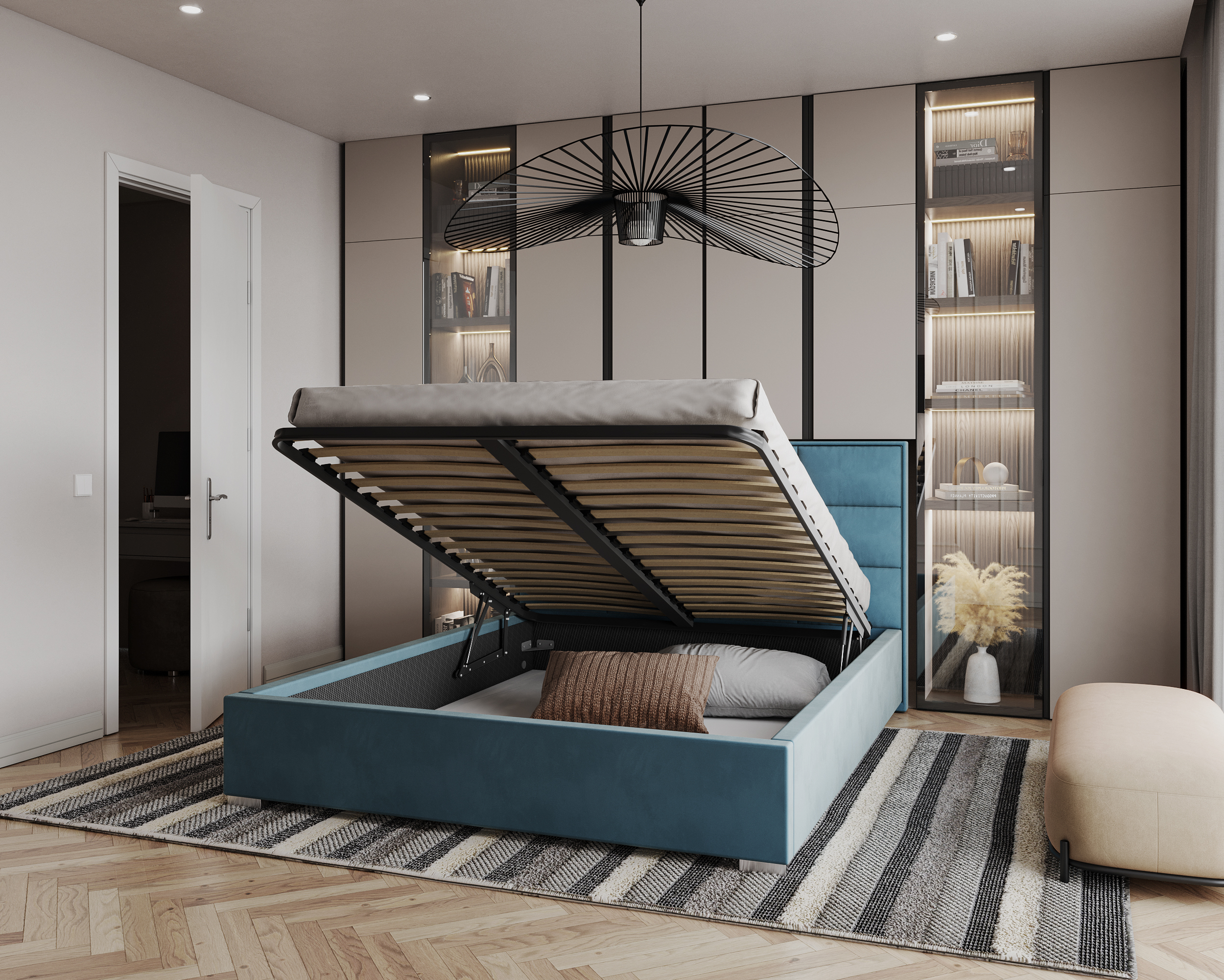 Čalouněná postel APOLLO 140x200 Modrá Paris s úložným prostorem kovový rošt