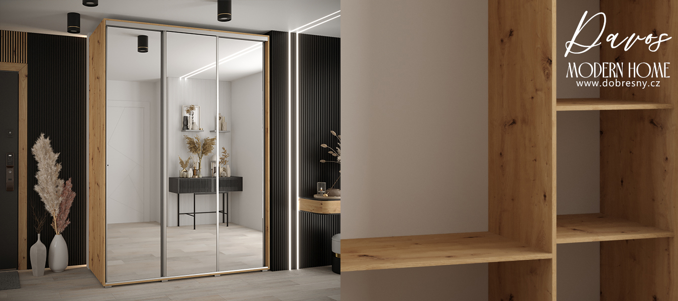 Šatní skříň s posuvnými zrcadlovými dveřmi DAVOS 170cm | DUB Artisan / stříbrné pojezdy