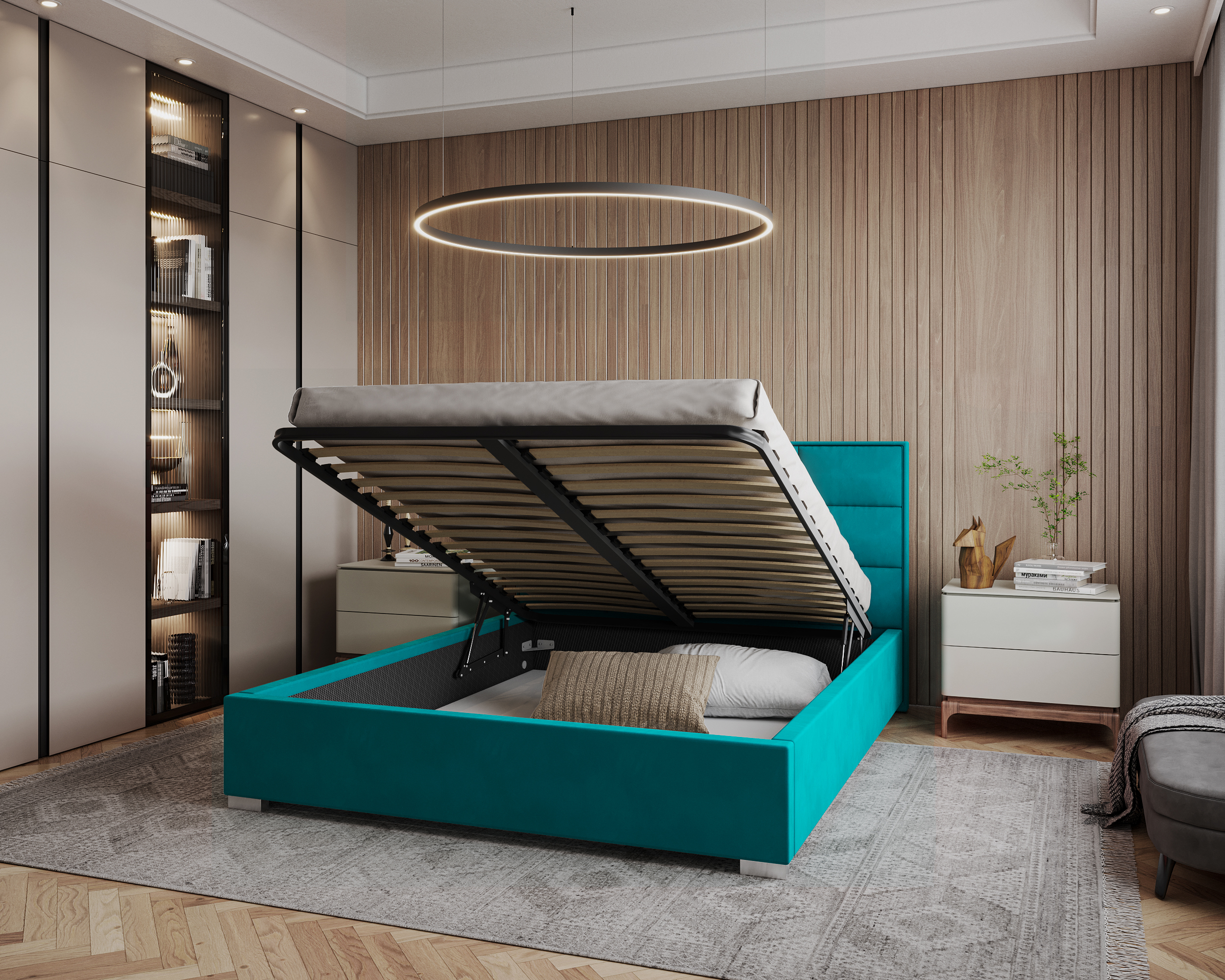 Čalouněná postel APOLLO 140x200 Tyrkysová Paris s úložným prostorem kovový rošt