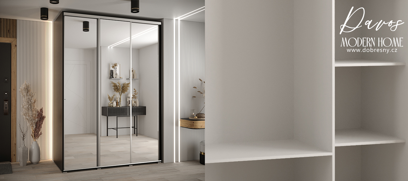 Šatní skříň s posuvnými zrcadlovými dveřmi DAVOS 180cm | Černá / stříbrné pojezdy