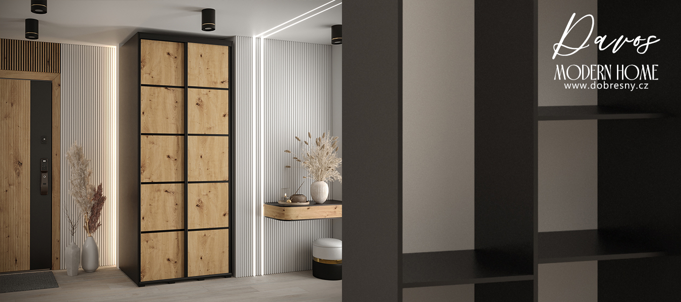 Šatní skříň s posuvnými dveřmi DAVOS 4, 100cm | Černá / DUB Artisan / černé pojezdy