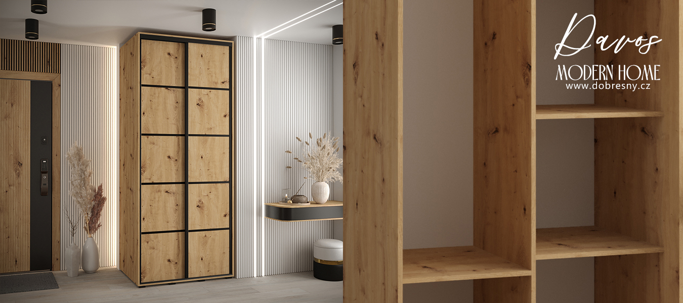 Šatní skříň s posuvnými dveřmi DAVOS 4, 120cm | DUB Artisan / černé pojezdy