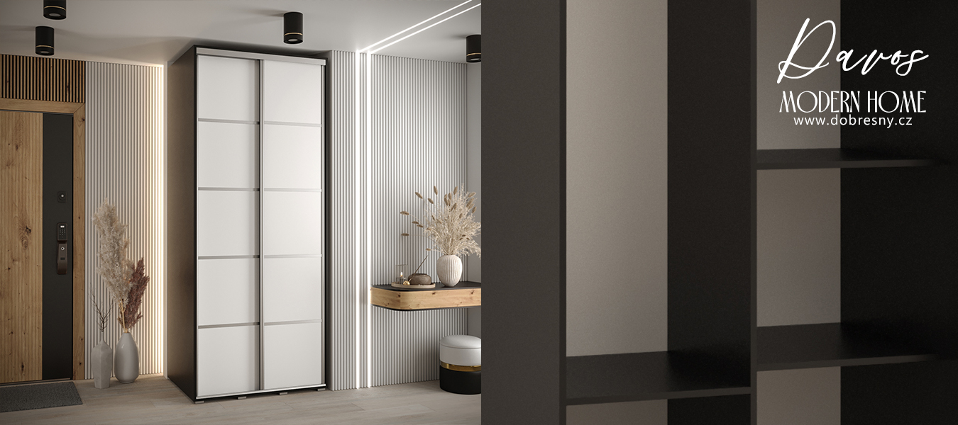 Šatní skříň s posuvnými dveřmi DAVOS 4, 120cm | Černá / bílá / stříbrné pojezdy