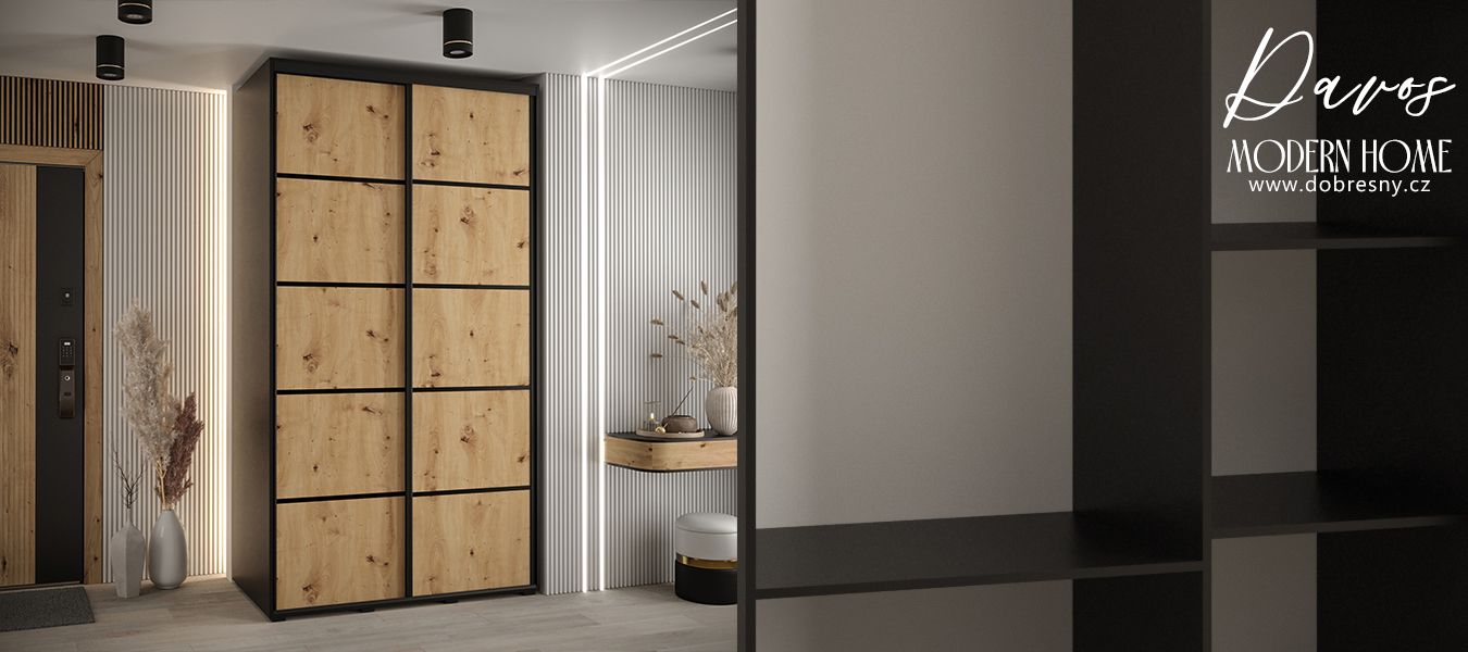 Šatní skříň s posuvnými dveřmi DAVOS 4, 140cm | Černá / DUB Artisan / černé pojezdy
