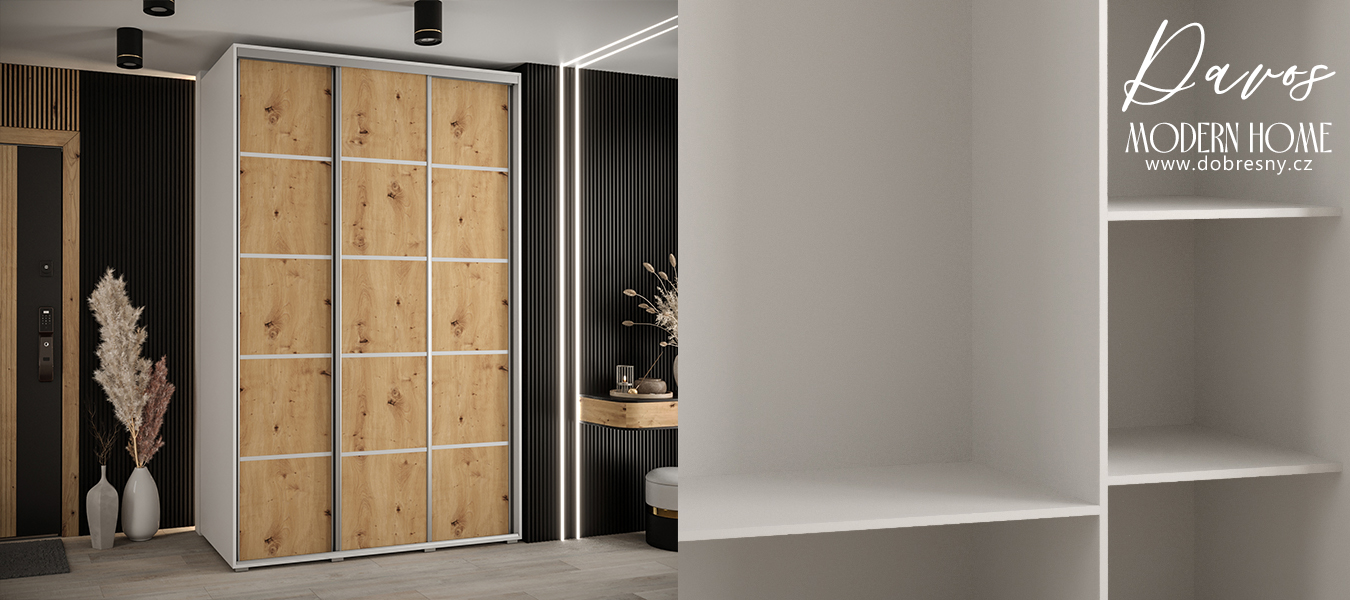 Šatní skříň s posuvnými dveřmi DAVOS 4, 160cm | Bílá / DUB Artisan / stříbrné