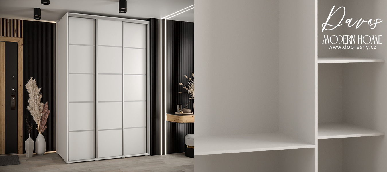 Šatní skříň s posuvnými dveřmi DAVOS 4, 160cm | Bílá / stříbrné pojezdy