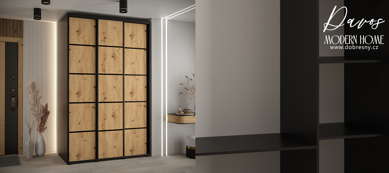 Šatní skříň s posuvnými dveřmi DAVOS 4, 160cm | Černá / DUB Artisan / černé pojezdy
