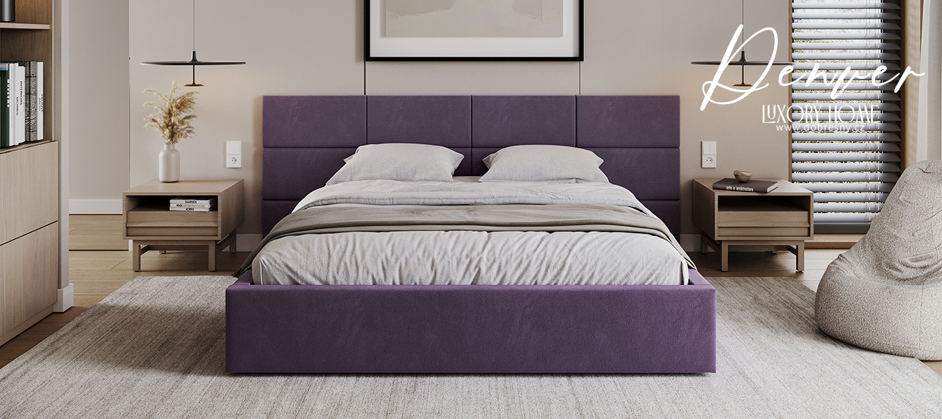Čalouněná postel DENVER 180x200 s kovovým zdvižným roštem PARIS TMAVĚ FIALOVÁ
