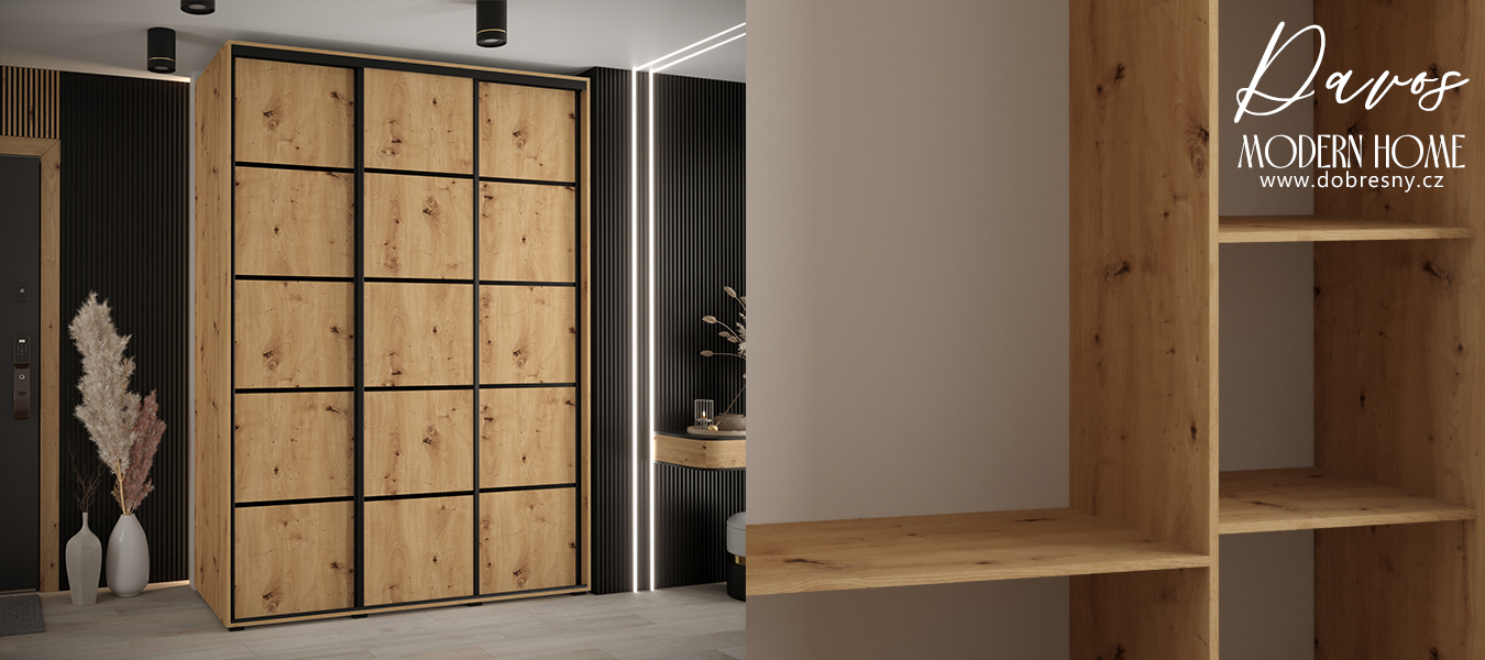 Šatní skříň s posuvnými dveřmi DAVOS 4, 170cm | DUB Artisan / černé pojezdy