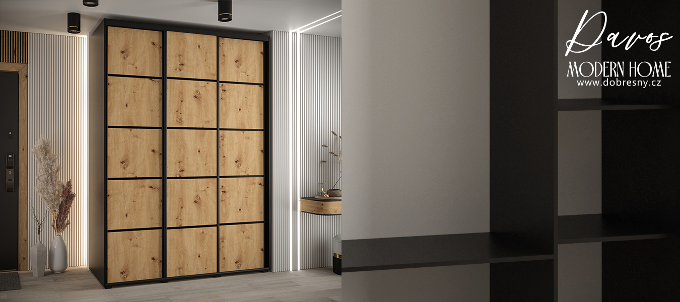 Šatní skříň s posuvnými dveřmi DAVOS 4, 180cm | Černá / DUB Artisan / černé pojezdy