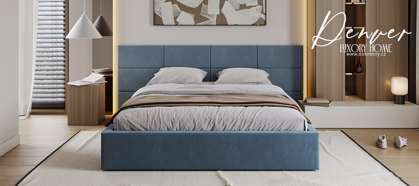 Čalouněná postel DENVER 140x200 s kovovým zdvižným roštem PARIS MODRÁ