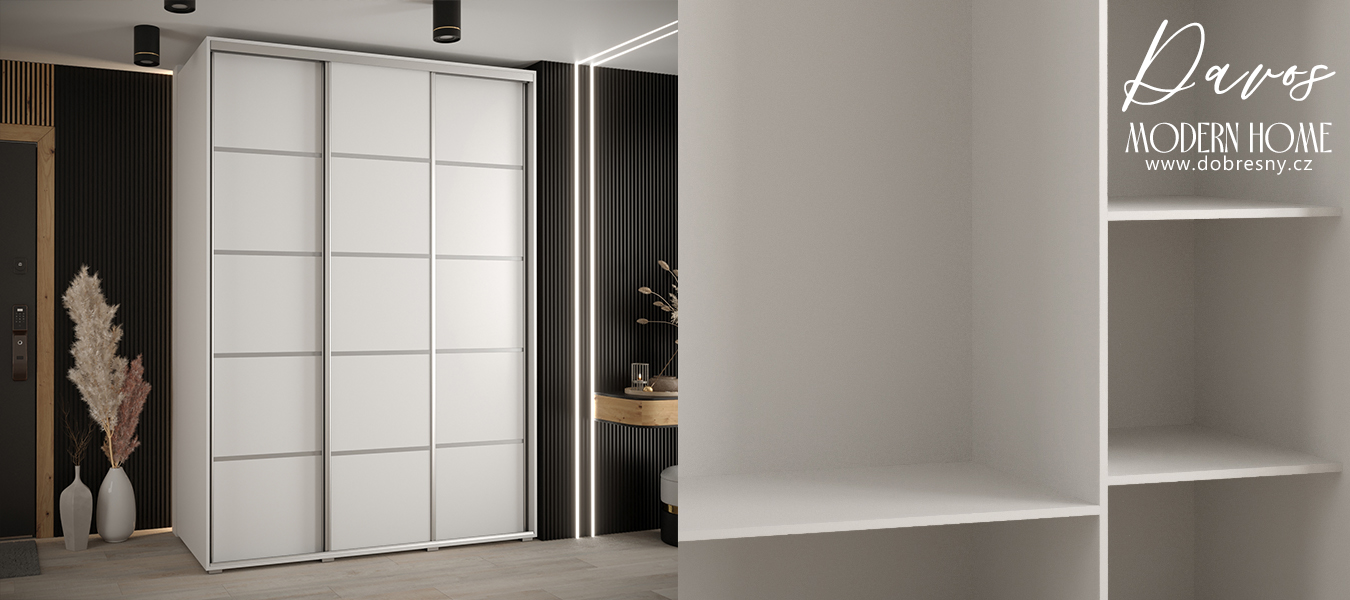 Šatní skříň s posuvnými dveřmi DAVOS 4, 180cm | Bílá / stříbrné pojezdy