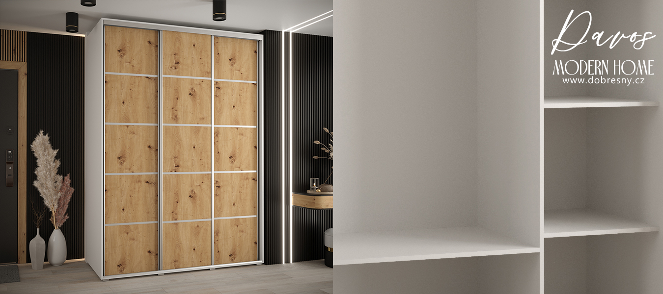 Šatní skříň s posuvnými dveřmi DAVOS 4, 180cm | Bílá / DUB Artisan / stříbrné