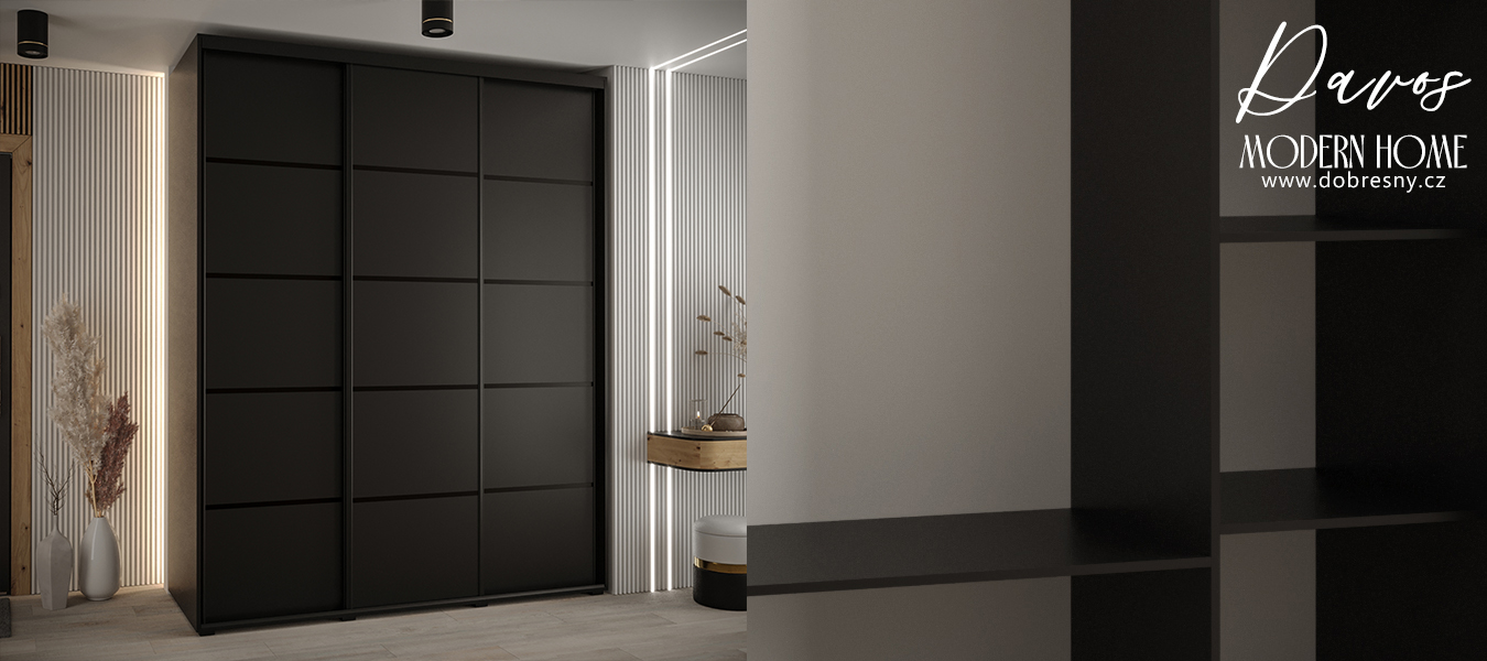 Šatní skříň s posuvnými dveřmi DAVOS 4, 190cm | Černá / černé pojezdy
