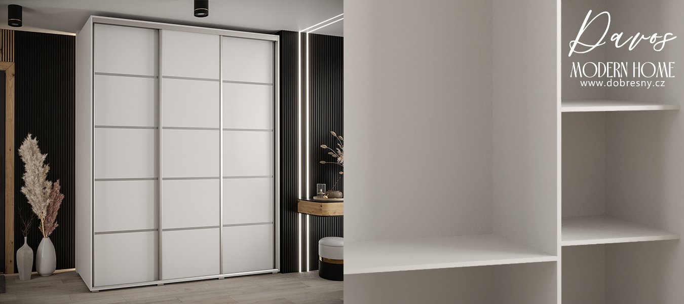 Šatní skříň s posuvnými dveřmi DAVOS 4, 190cm | Bílá / stříbrné pojezdy