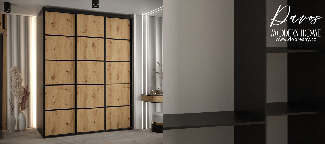 Šatní skříň s posuvnými dveřmi DAVOS 4, 200cm | Černá / DUB Artisan / černé pojezdy