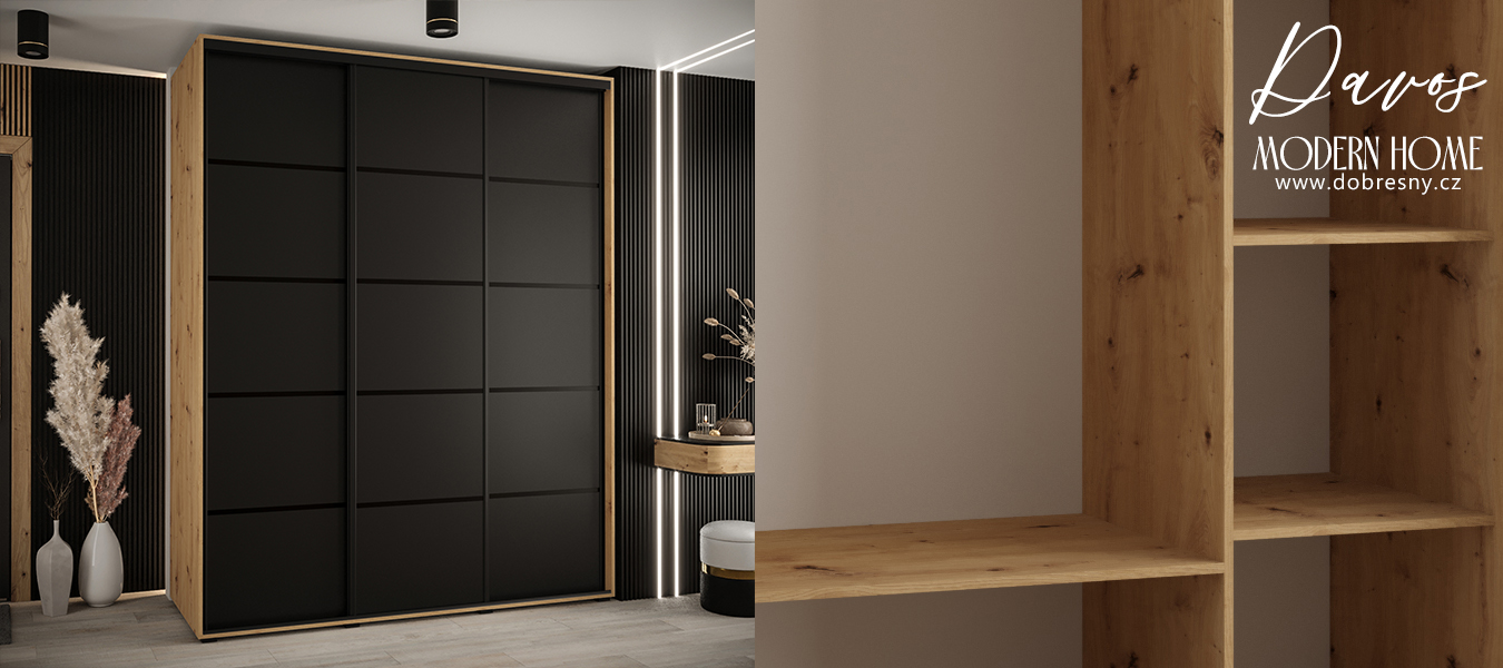 Šatní skříň s posuvnými dveřmi DAVOS 4, 200cm | DUB Artisan / černá / černé pojezdy