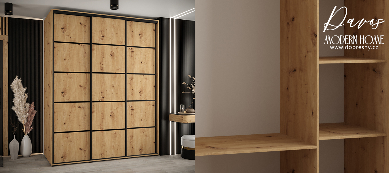 Šatní skříň s posuvnými dveřmi DAVOS 4, 200cm | DUB Artisan / černé pojezdy