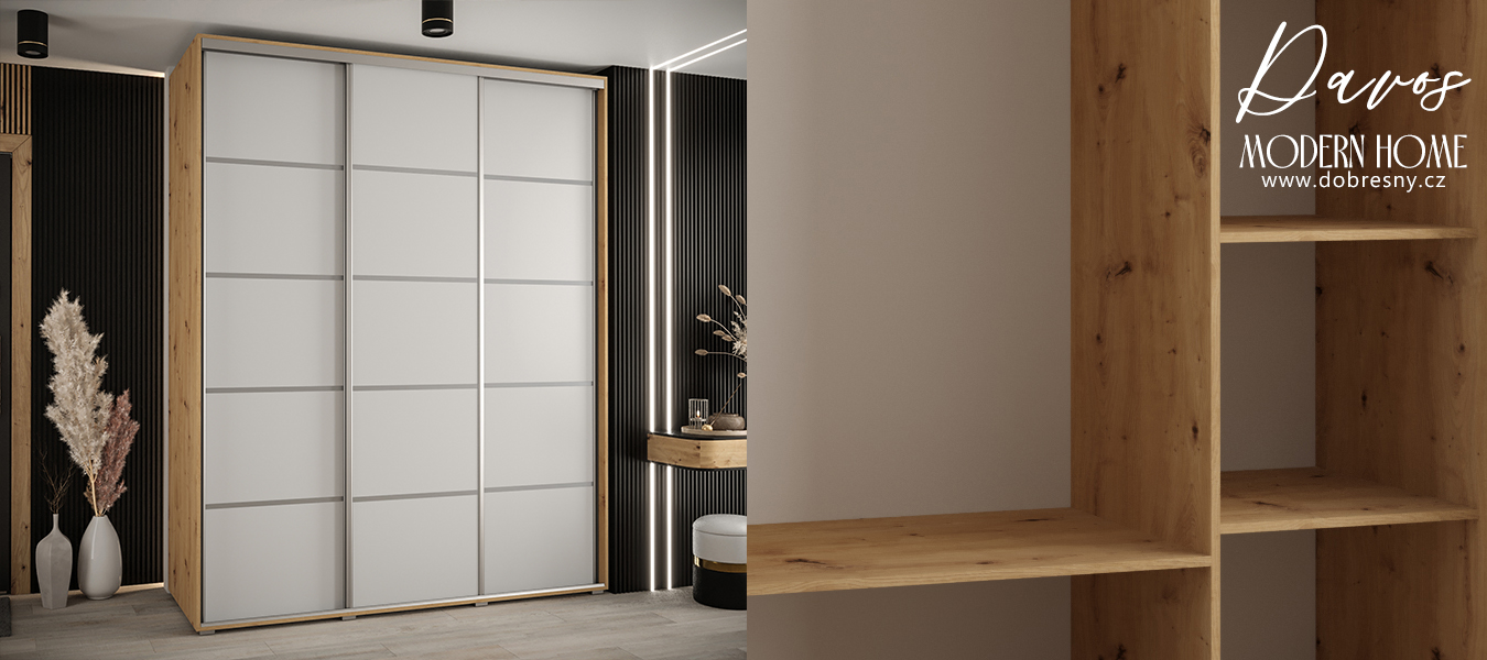 Šatní skříň s posuvnými dveřmi DAVOS 4, 200cm | DUB Artisan / bílá / stříbrné