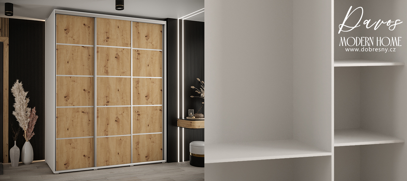Šatní skříň s posuvnými dveřmi DAVOS 4, 200cm | Bílá / DUB Artisan / stříbrné