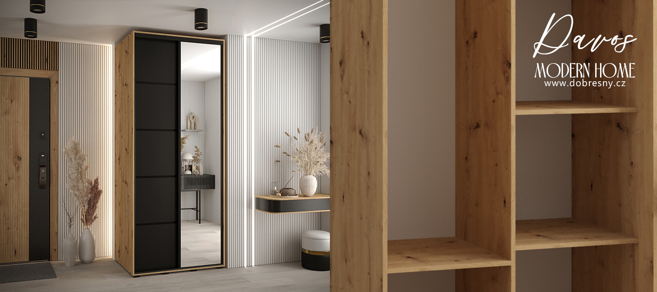 Šatní skříň s posuvnými dveřmi a zrcadlem DAVOS 5, 100cm | DUB Artisan/černá/černé pojezd