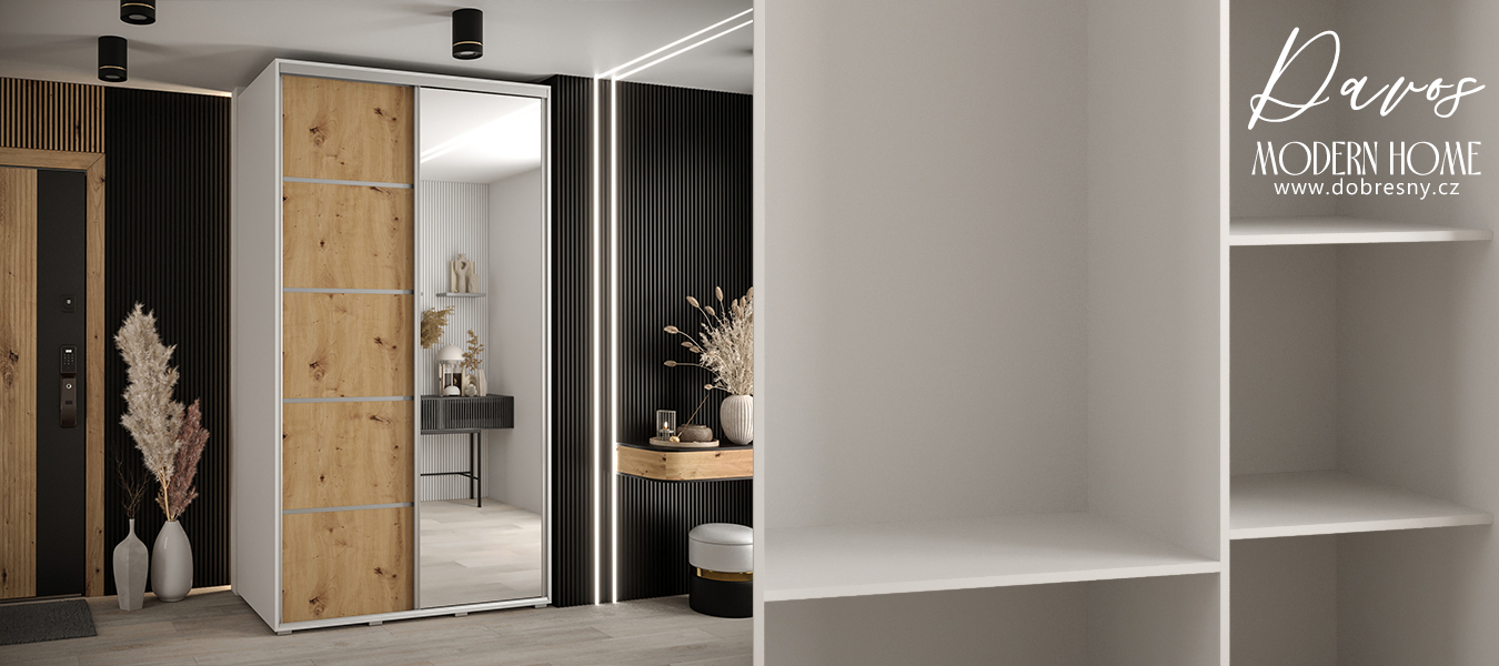 Šatní skříň s posuvnými dveřmi a zrcadlem DAVOS 5, 140cm | Bílá / DUB Artisan / stříbrné