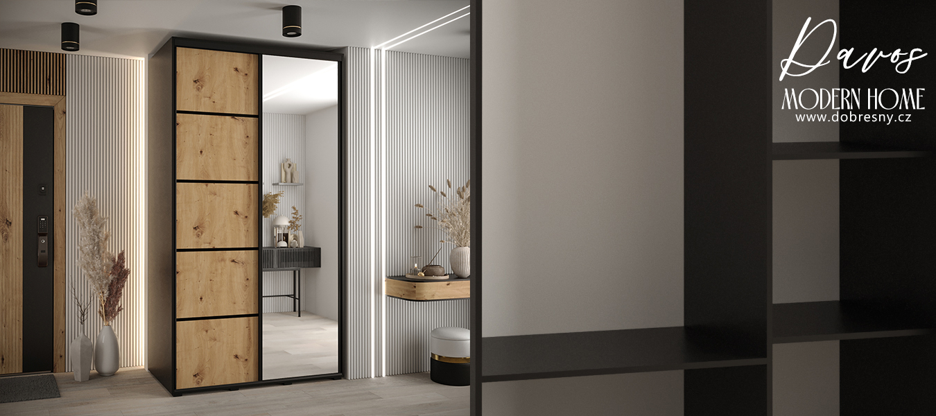 Šatní skříň s posuvnými dveřmi a zrcadlem DAVOS 5, 140cm | Černá / DUB Artisan / černé