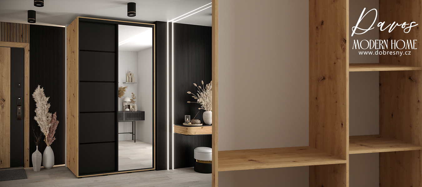 Šatní skříň s posuvnými dveřmi a zrcadlem DAVOS 5, 140cm | DUB Artisan/černá/černé pojezd