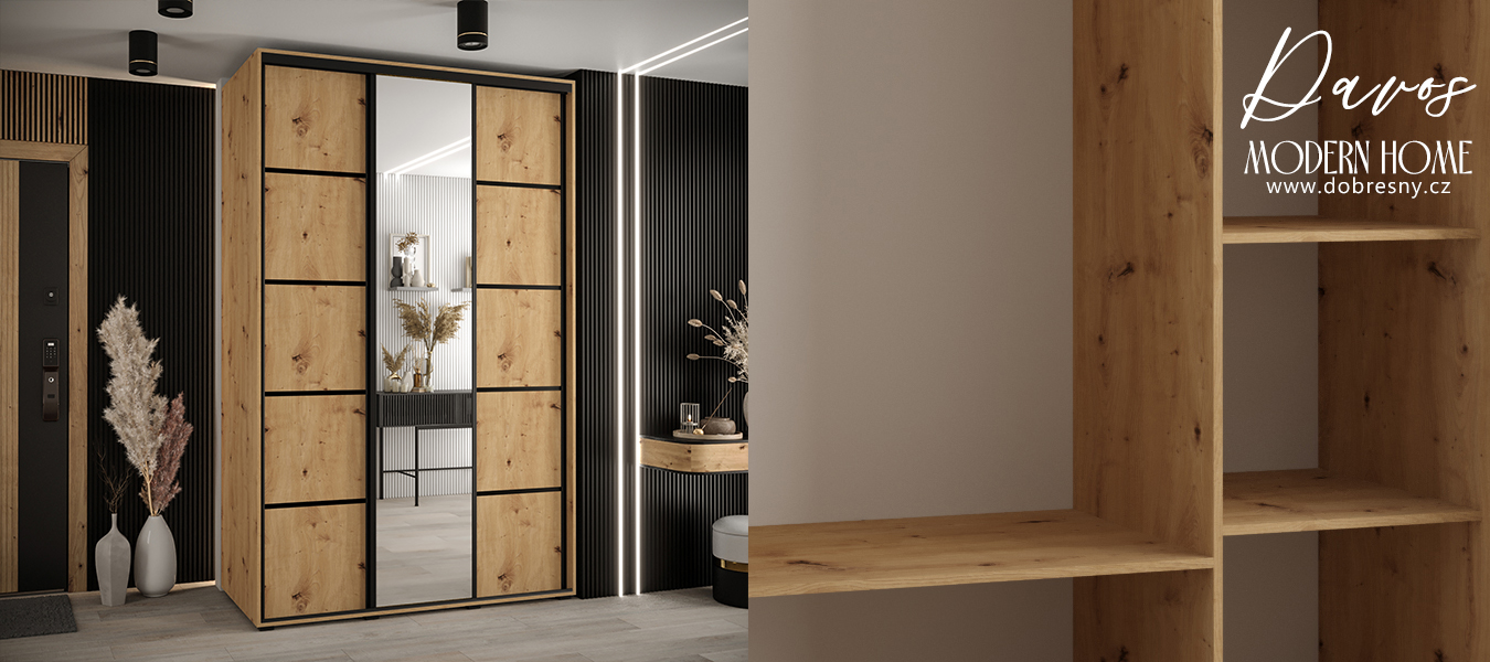 Šatní skříň s posuvnými dveřmi a zrcadlem DAVOS 5, 160cm | DUB Artisan / černé pojezdy