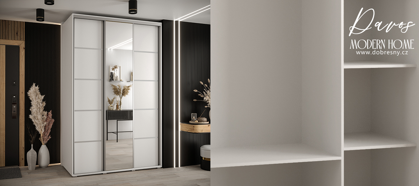 Šatní skříň s posuvnými dveřmi a zrcadlem DAVOS 5, 160cm | Bílá / stříbrné pojezdy