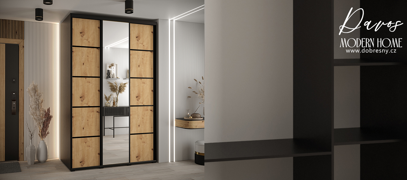 Šatní skříň s posuvnými dveřmi a zrcadlem DAVOS 5, 160cm | Černá / DUB Artisan / černé