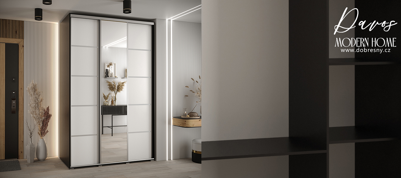 Šatní skříň s posuvnými dveřmi a zrcadlem DAVOS 5, 160cm | Černá / bílá / stříbrné pojezdy