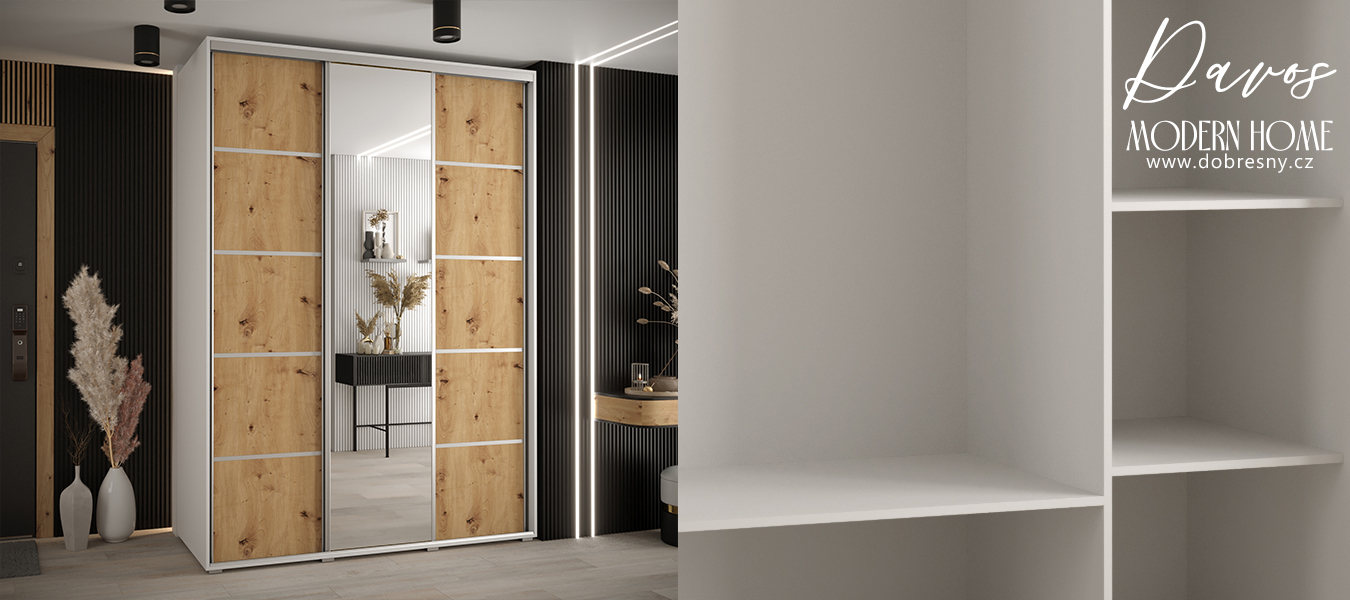Šatní skříň s posuvnými dveřmi a zrcadlem DAVOS 5, 180cm | Bílá / DUB Artisan / stříbrné