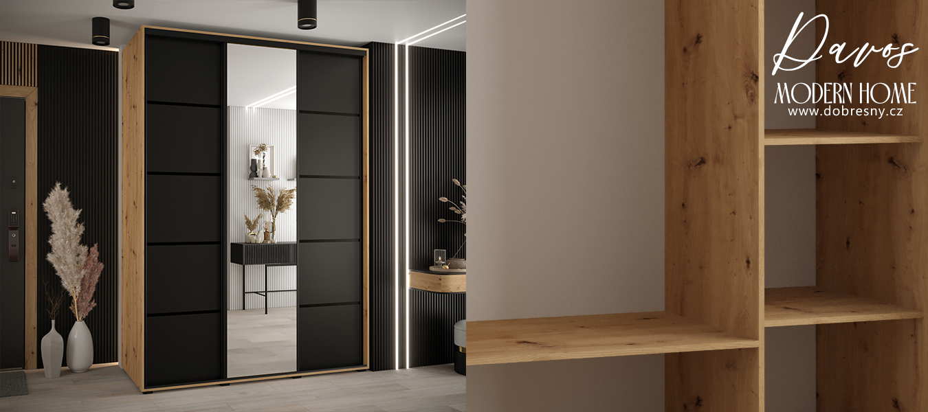 Šatní skříň s posuvnými dveřmi a zrcadlem DAVOS 5, 180cm | DUB Artisan / černá / černé