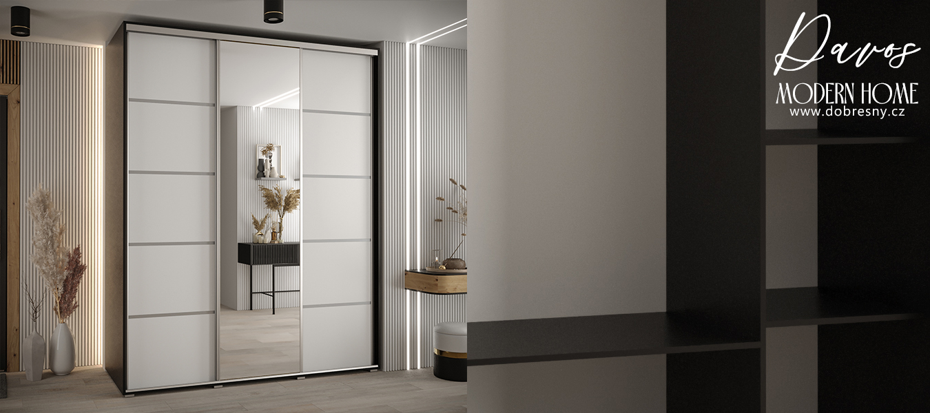 Šatní skříň s posuvnými dveřmi a zrcadlem DAVOS 5, 190cm | Černá / bílá / stříbrné pojezdy