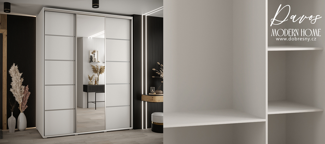 Šatní skříň s posuvnými dveřmi a zrcadlem DAVOS 5, 200cm | Bílá / stříbrné pojezdy